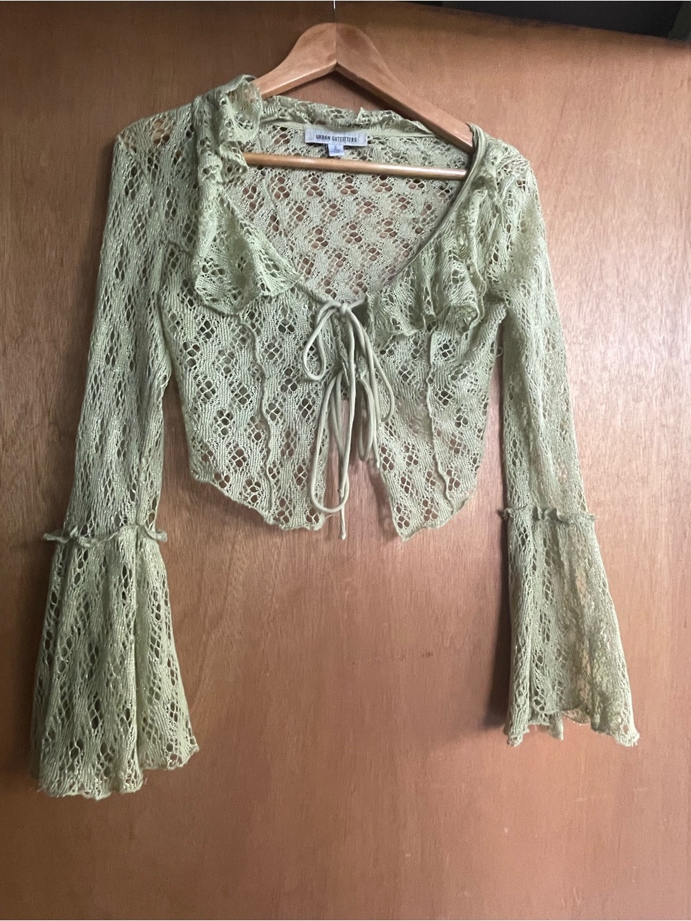 Urban Outfitters Light Sage Lace Tie-Front Cropped Blouse
